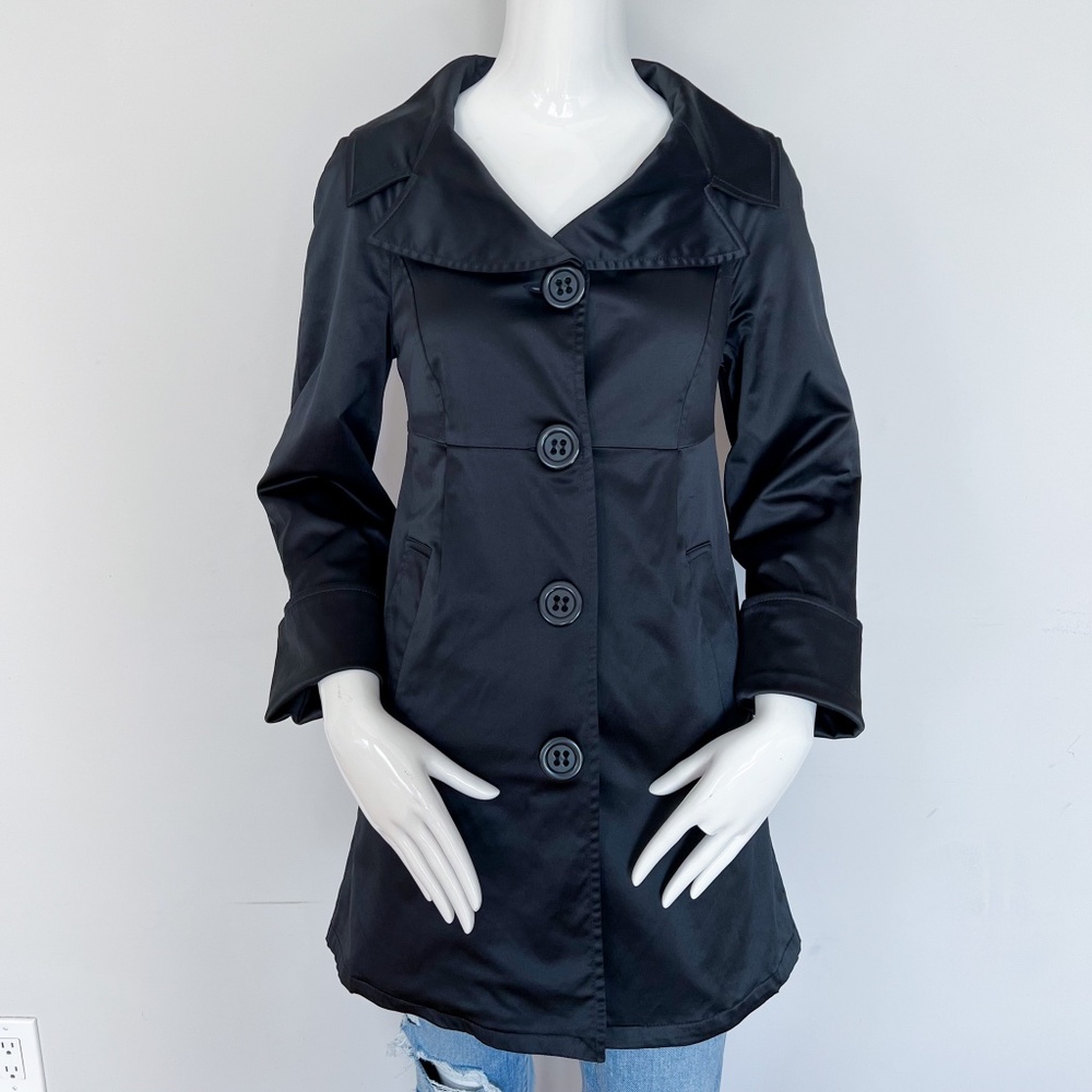 Motivi | Black Satin Peacoat Empire Waist Overcoat Jacket Fitted Dress Coat US4